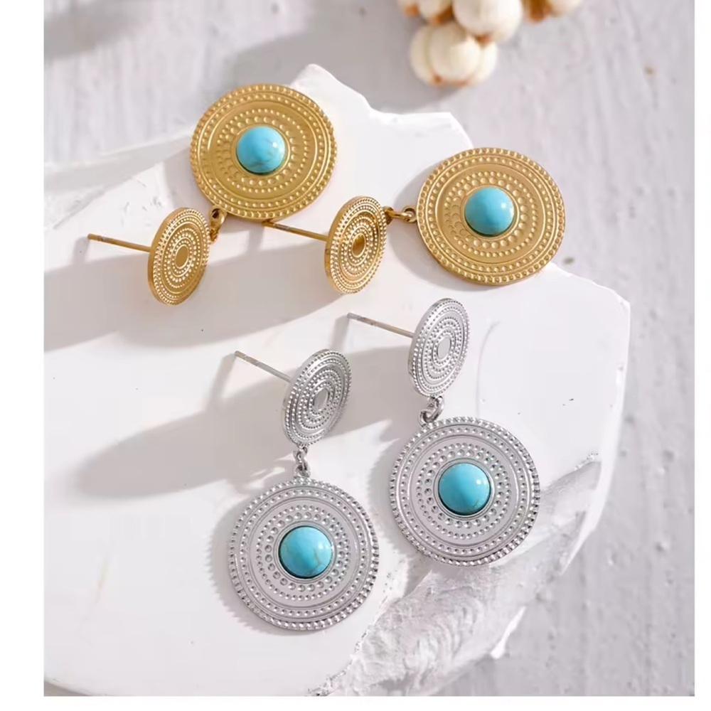 Turquoise Sunburst Drop Earrings – Stainless Steel, PVD Real Gold Plated - Picture 3 of 6